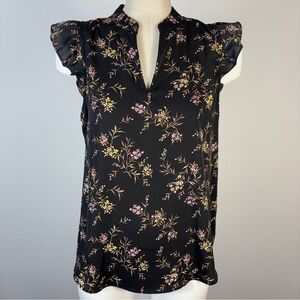 RW&CO. Black Floral Blouse with Ruffle Sleeves S